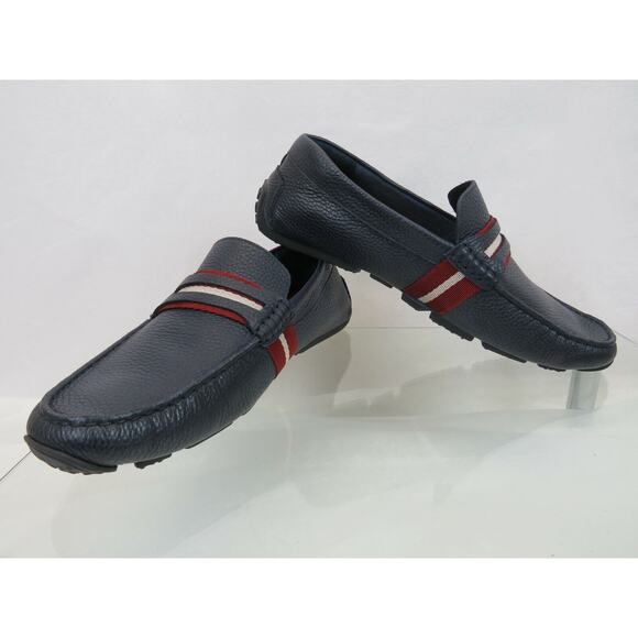 BALLY PIETRO NAVY BLUE GRAINED LEATHER WEB LOGO PENNY LOAFERS 10 D US 43 ITALY main image 7